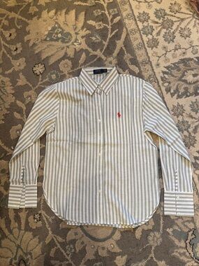 Polo by Ralph Lauren Light Green and White Vertical Stripe Dress Shirt